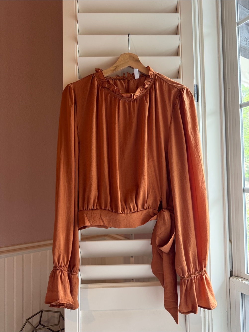 glam Rust Ruffle-Neck Long Sleeve Tie-Waist Blouse